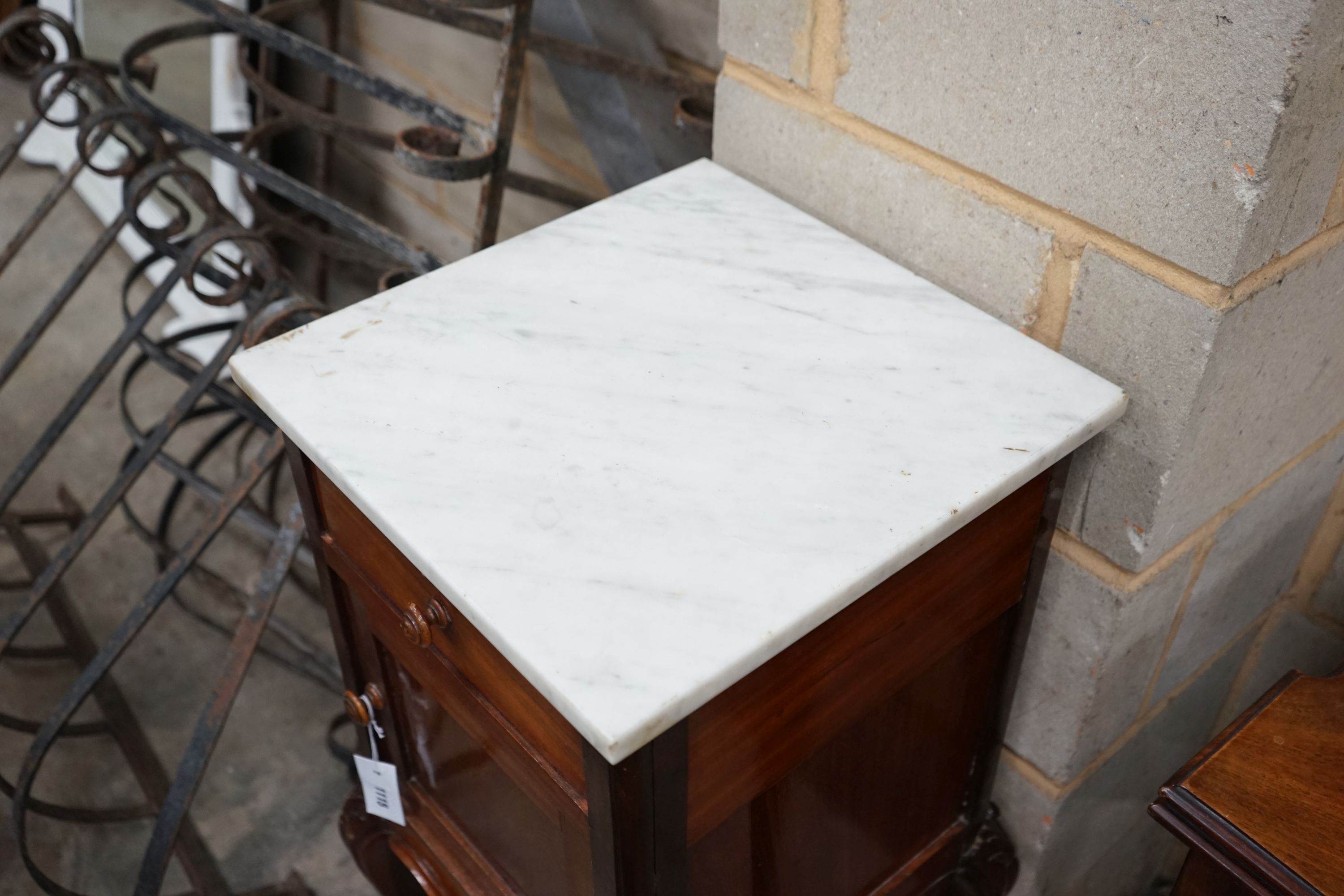 A 19th century French mahogany marble top bedside cabinet, width 39cm, depth 40cm, height 87cm